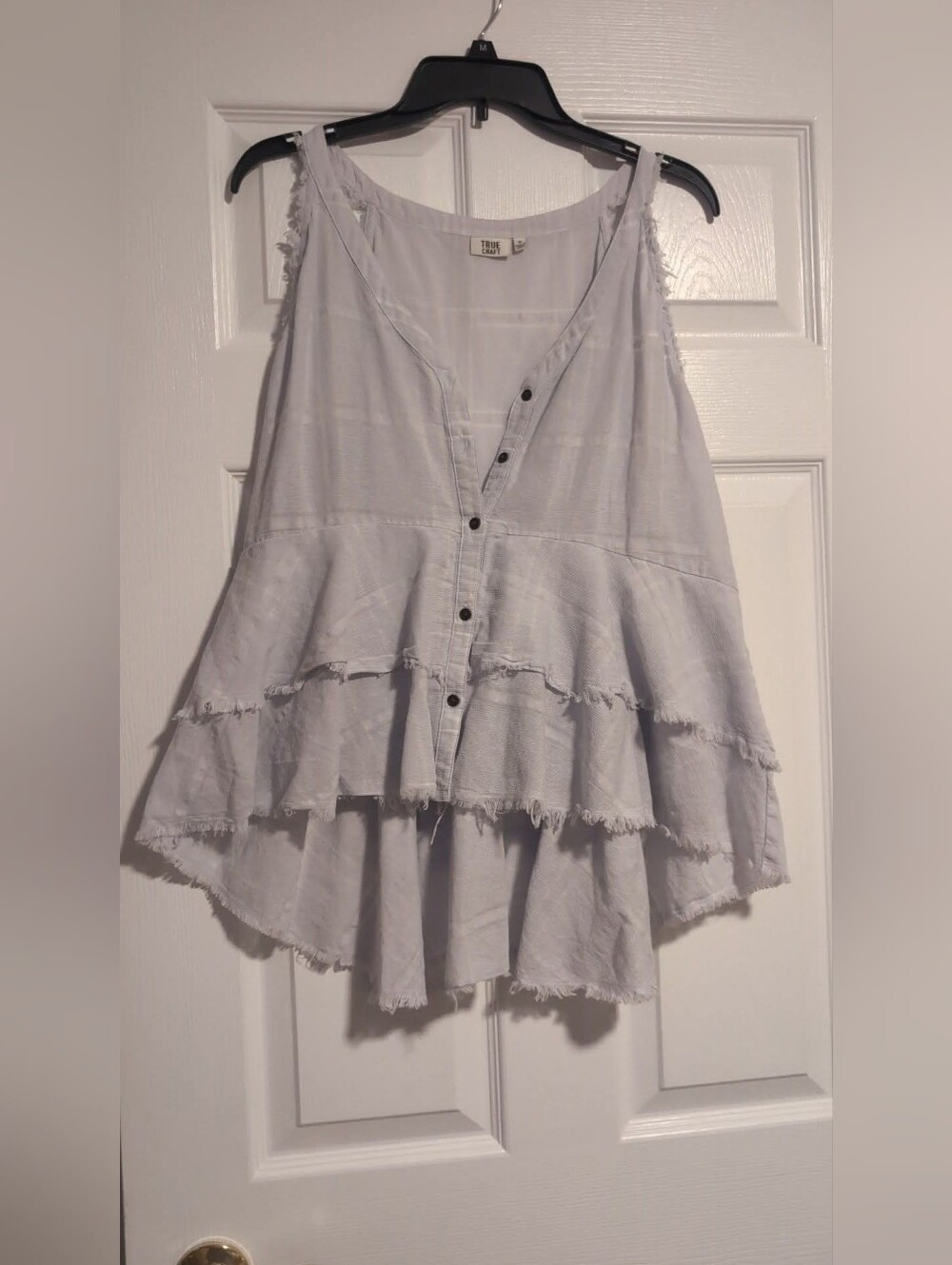True Craft Light Blue Plaid Tiered Peplum High-Low Fringed Tank Top